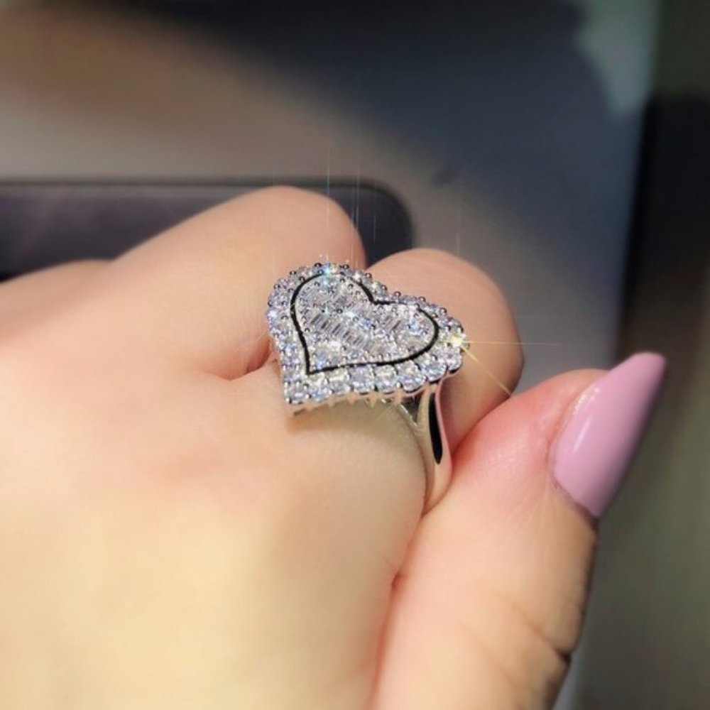 New 925  Silver Baguette Heart Diamond Ring - Picture 2 of 5